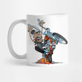 Funny biker riding a chopper, popping a wheelie motorcycle cartoon Mug